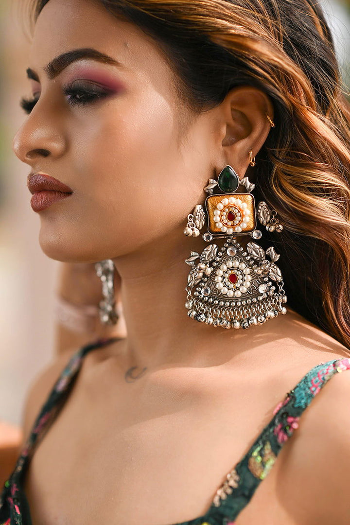 Antique Gold Finish Earrings with Drop Pearl and Ghungroo - Mayrake - 
