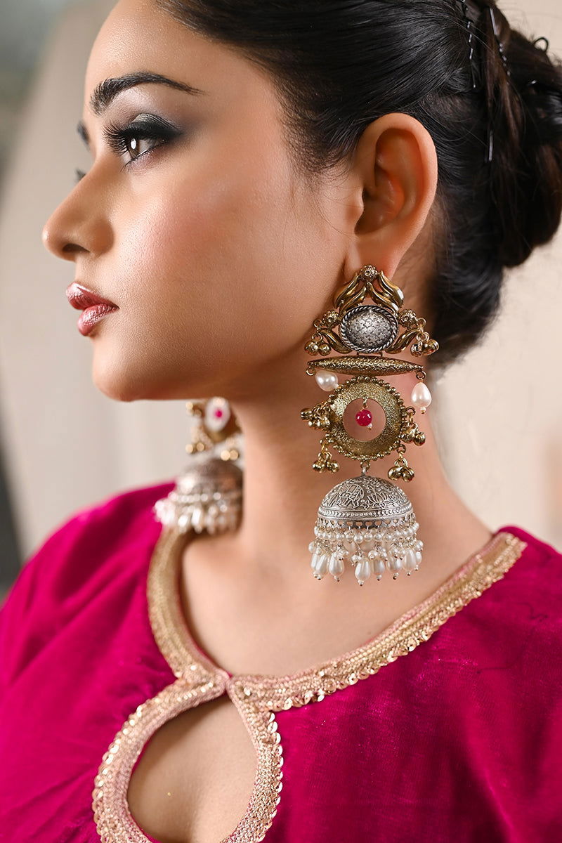 Antique Long Mixed Metals Teardrop Pearls Jhumkas - Mayrake.in