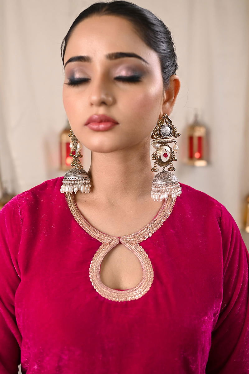 Antique Long Mixed Metals Teardrop Pearls Jhumkas - Mayrake.in