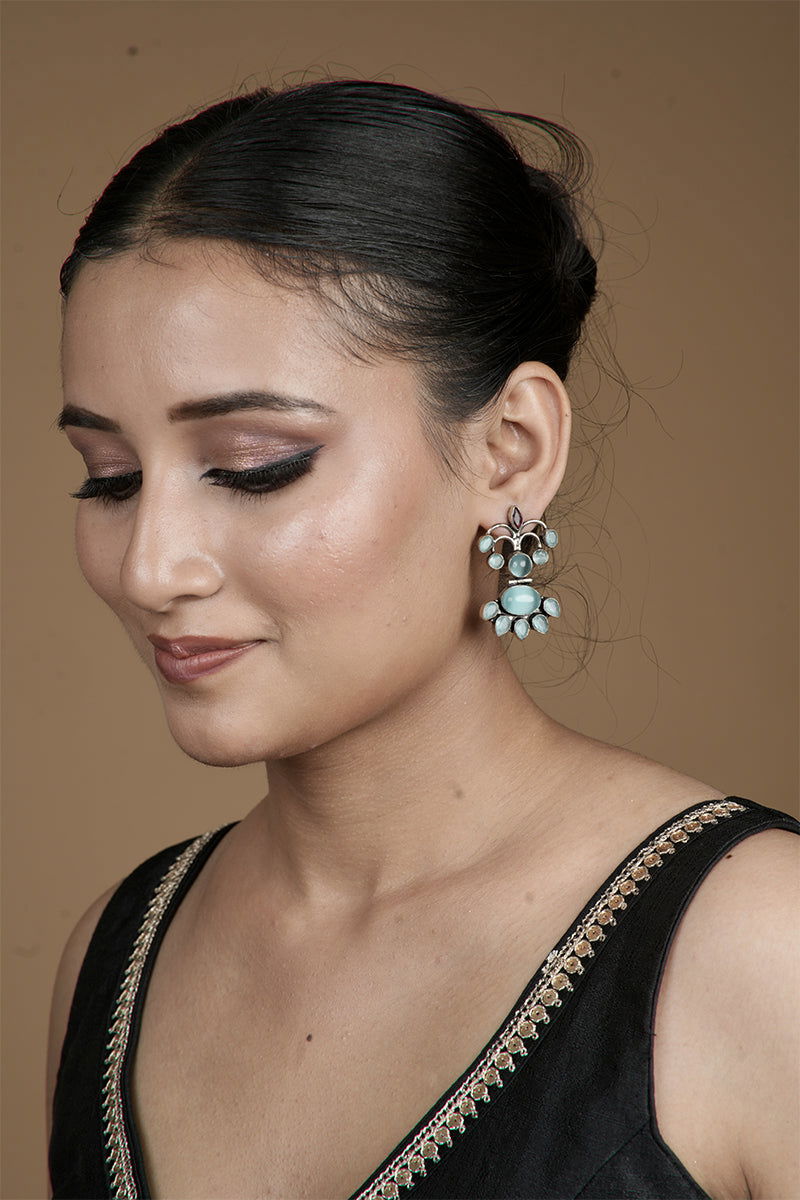 Aqua Blue Black Metallic Accents Colorful Stones Earrings - Mayrake.in