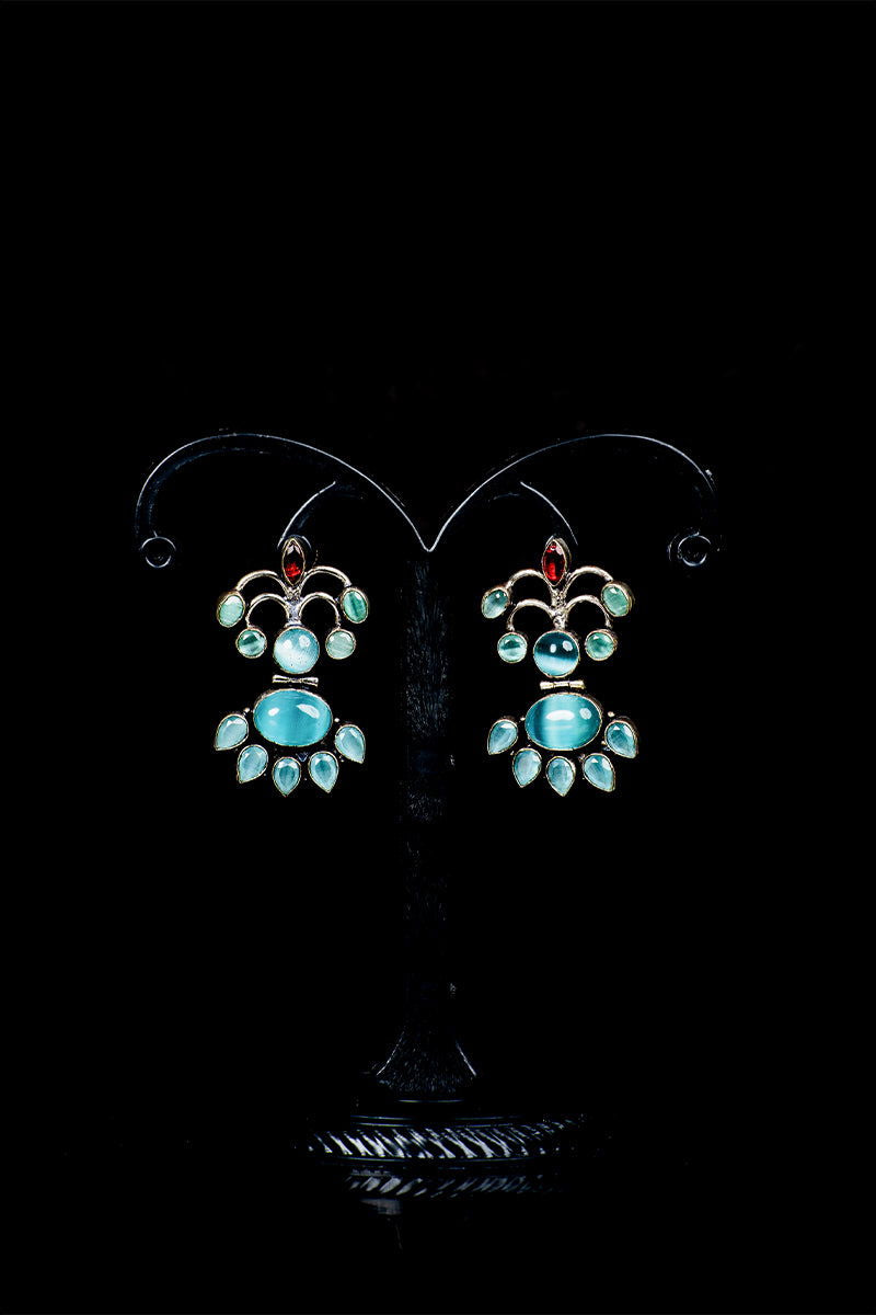 Aqua Blue Black Metallic Accents Colorful Stones Earrings - Mayrake.in
