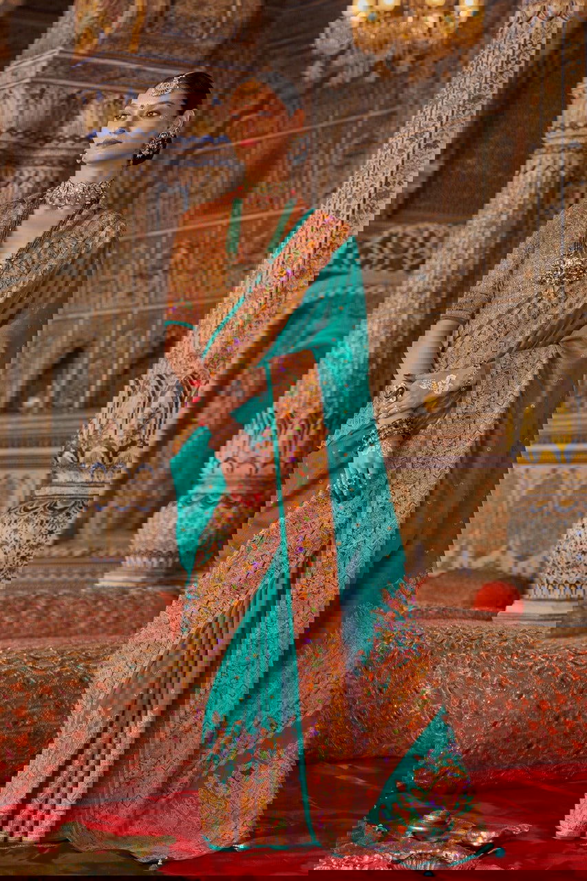 Aqua Blue Green Raw Silk Saree with Heritage Prints