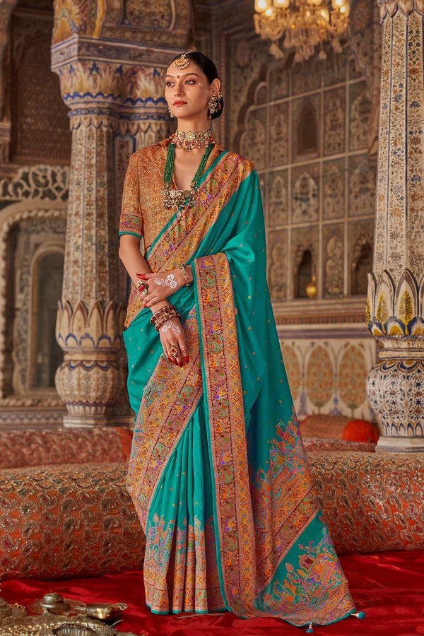 Aqua Blue Green Raw Silk Saree with Heritage Prints