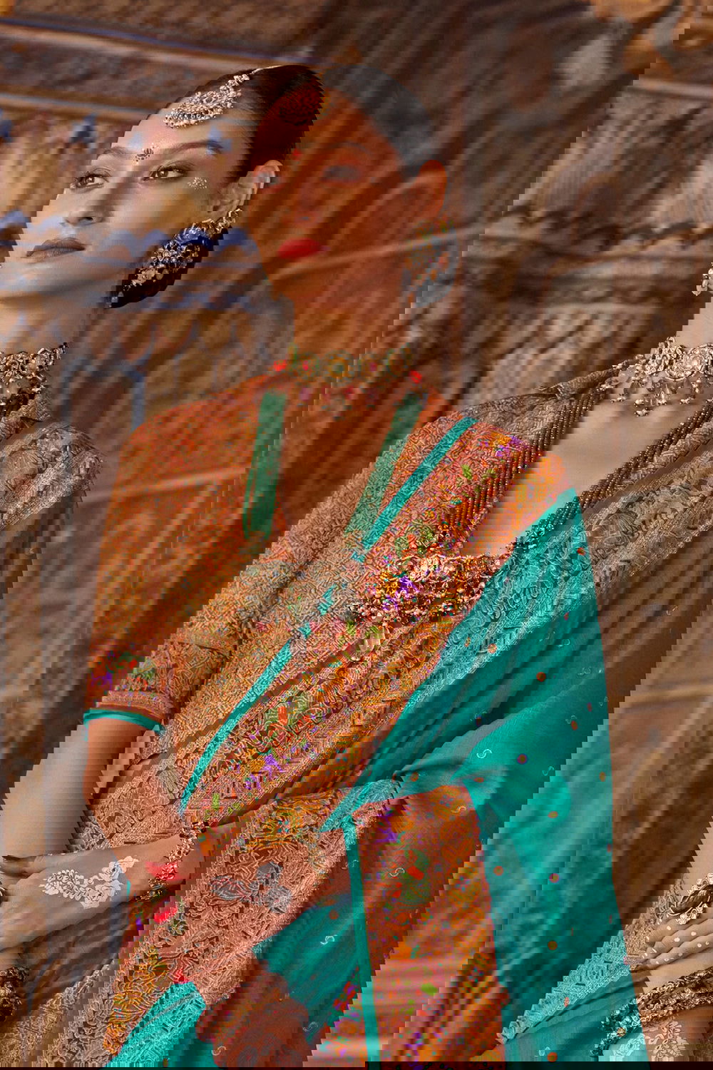 Aqua Blue Green Raw Silk Saree with Heritage Prints - Mayrake.in