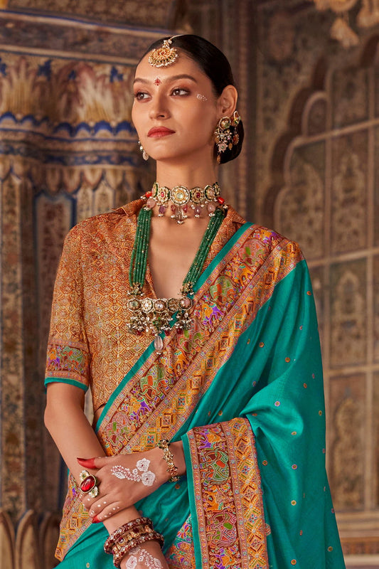 Aqua Blue Green Raw Silk Saree with Heritage Prints - Mayrake.in