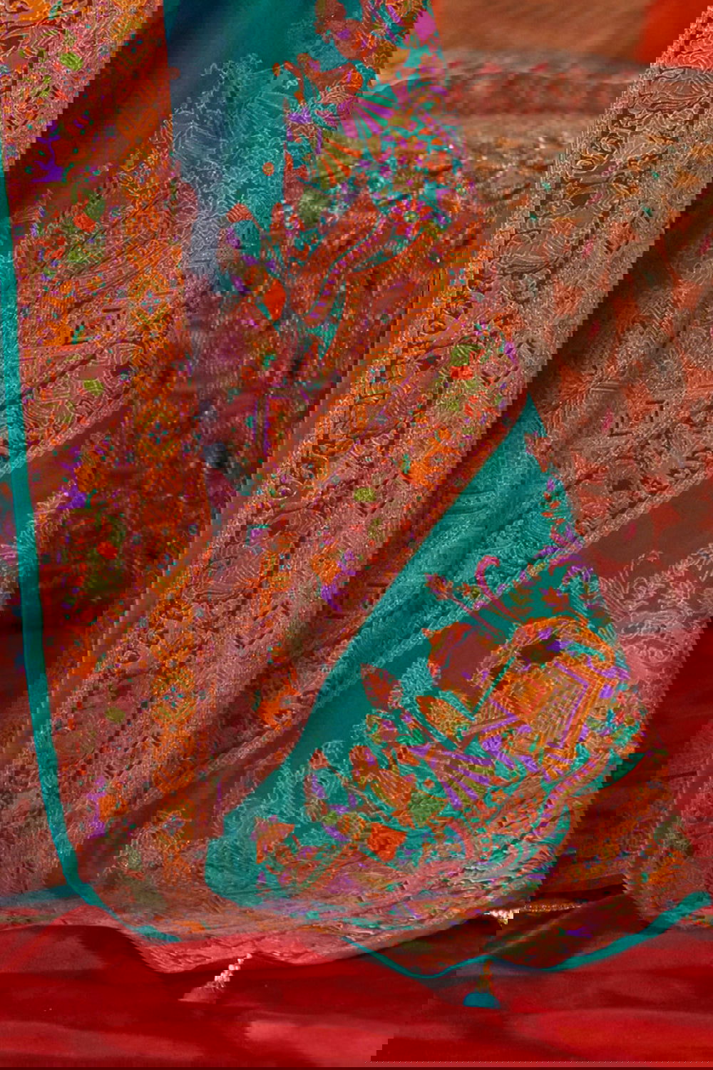 Aqua Blue Green Raw Silk Saree with Heritage Prints - Mayrake.in