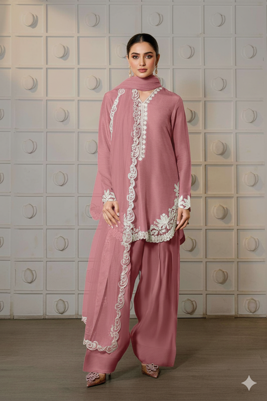 Baby Pink Farsi Salwar Suit with White Thread Lace Work - Mayrake.in