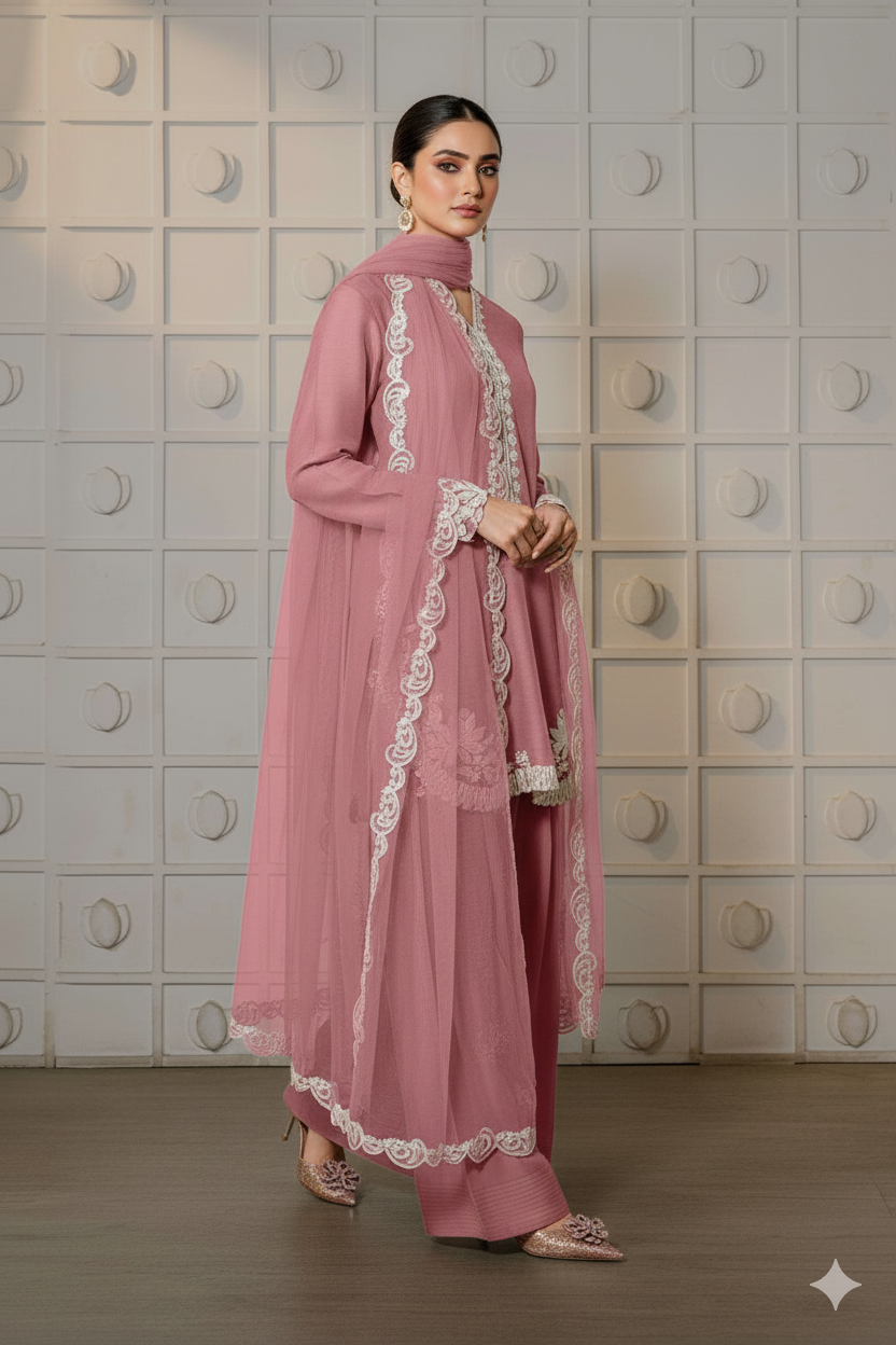 Baby Pink Farsi Salwar Suit with White Thread Lace Work - Mayrake.in