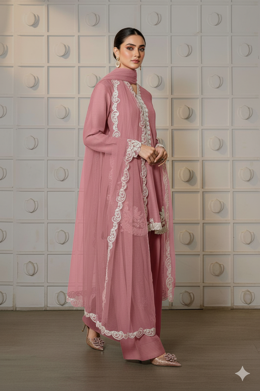 Baby Pink Farsi Salwar Suit with White Thread Lace Work - Mayrake.in