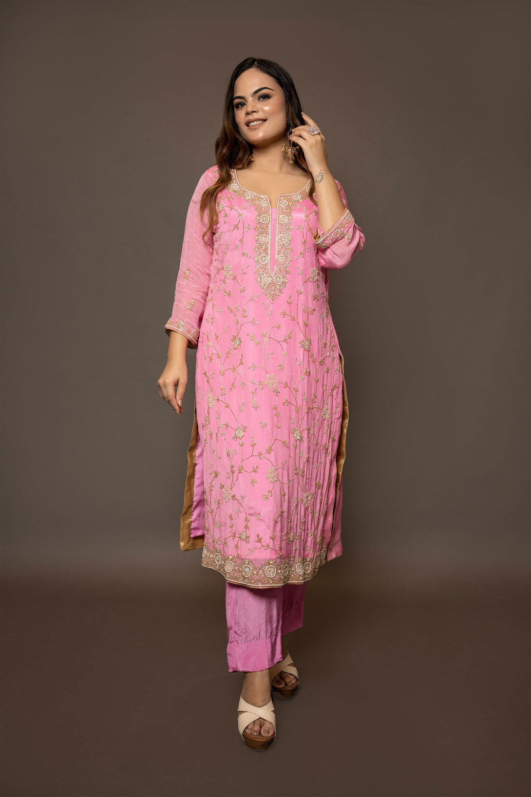 Baby Pink Hand Embroidered Suit with Pant - Mayrake.in