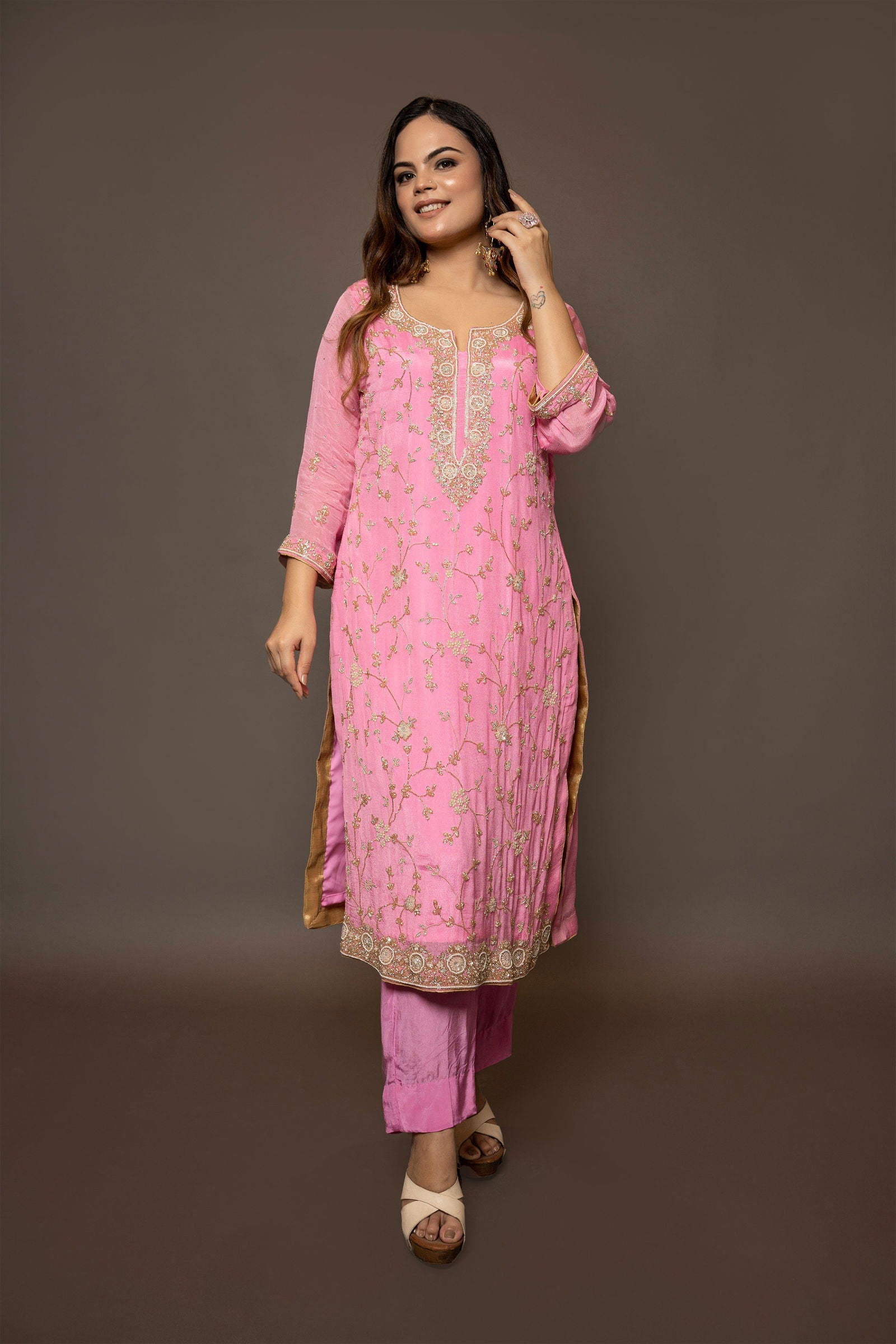 Baby Pink Hand Embroidered Suit with Pant - Mayrake.in