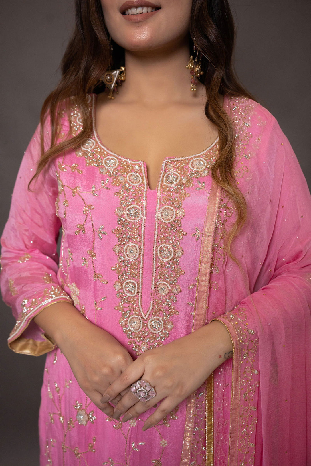 Baby Pink Hand Embroidered Suit with Pant - Mayrake.in