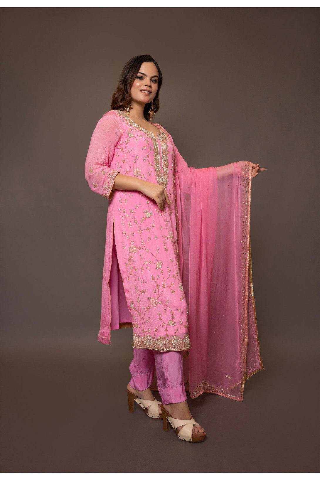 Baby Pink Hand Embroidered Suit with Pant - Mayrake.in