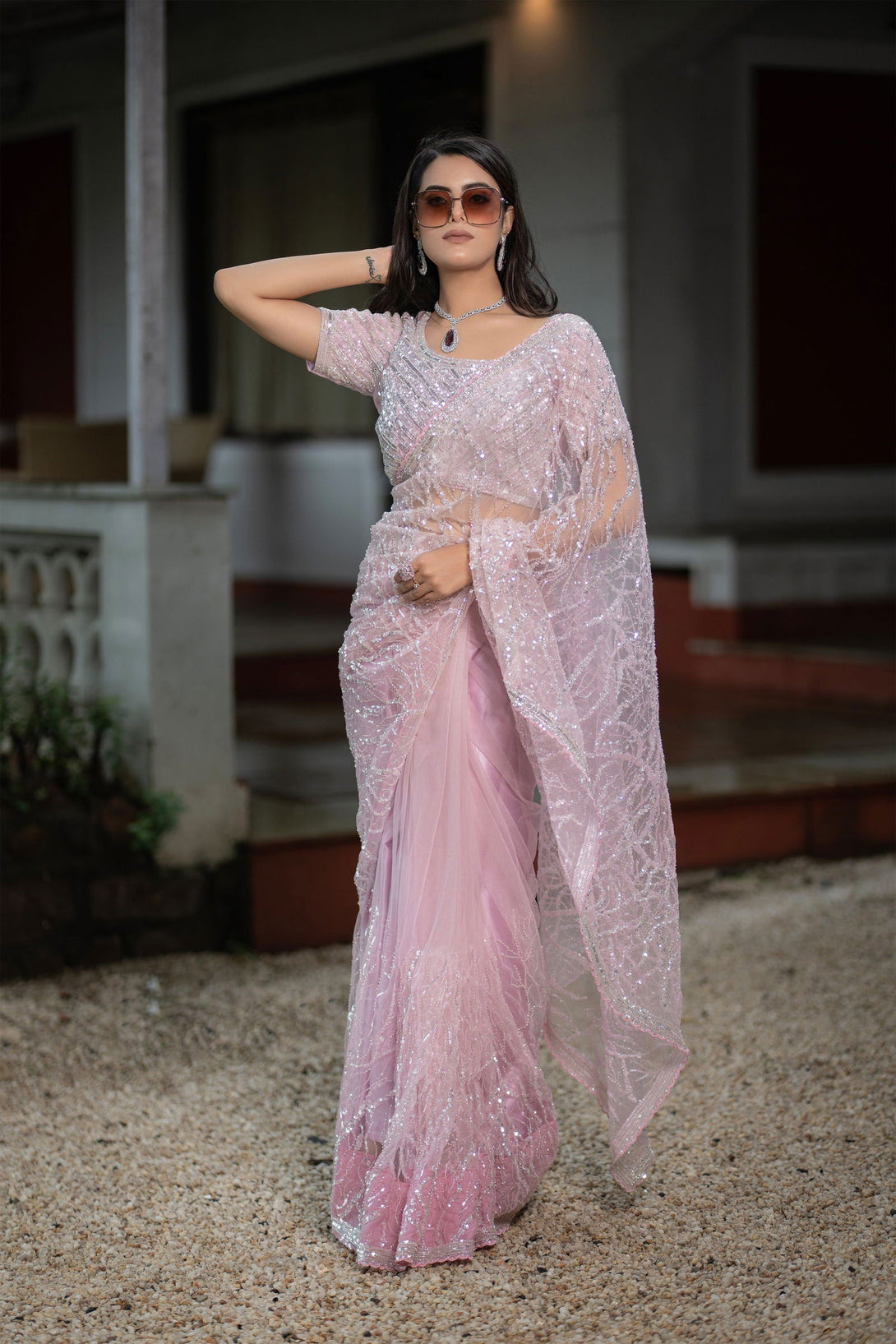 Baby Pink Super Net Saree with Silver and Cutdana Work - Mayrake.in
