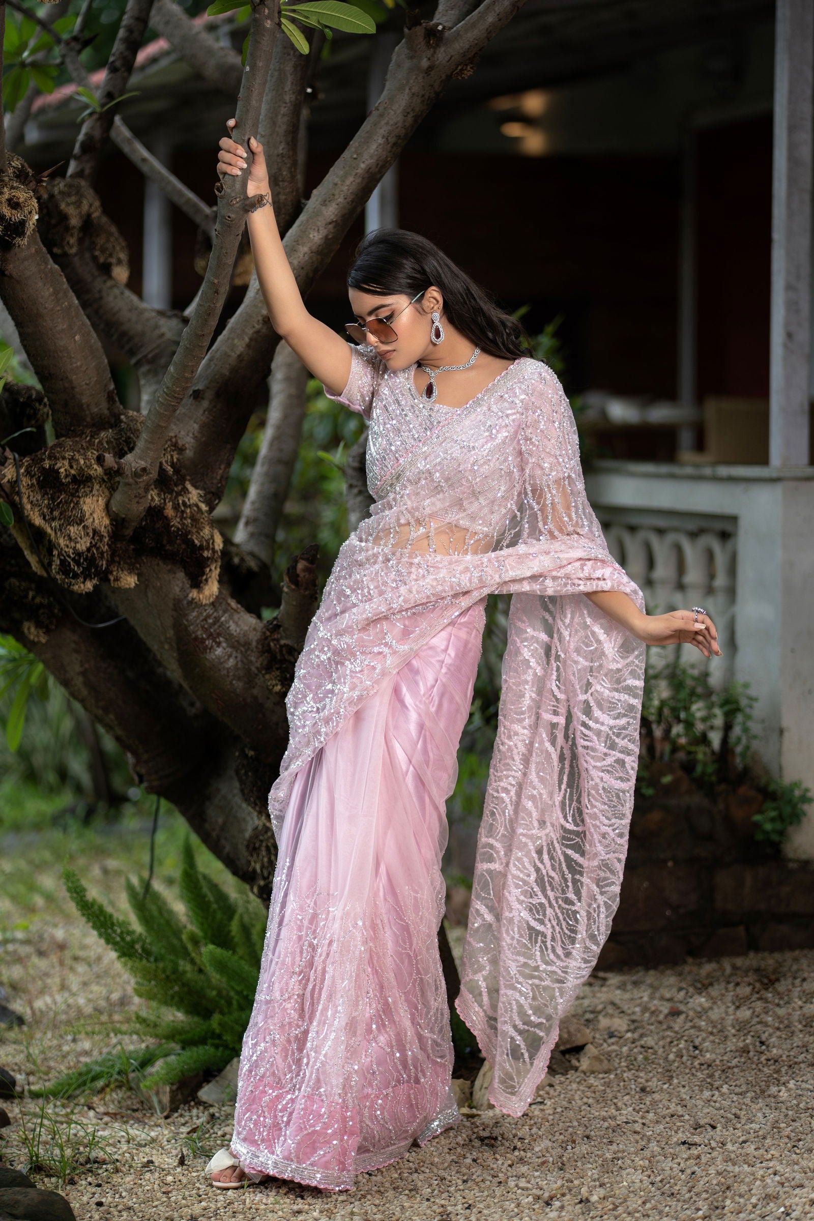 Baby Pink Super Net Saree with Silver and Cutdana Work - Mayrake.in