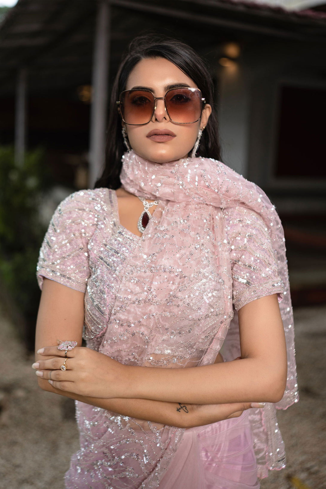 Baby Pink Super Net Saree with Silver and Cutdana Work - Mayrake.in