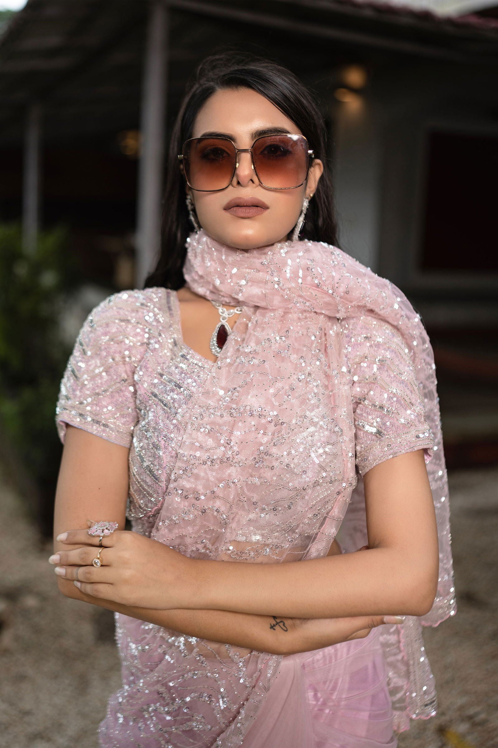 Baby Pink Super Net Saree with Silver and Cutdana Work - Mayrake.in