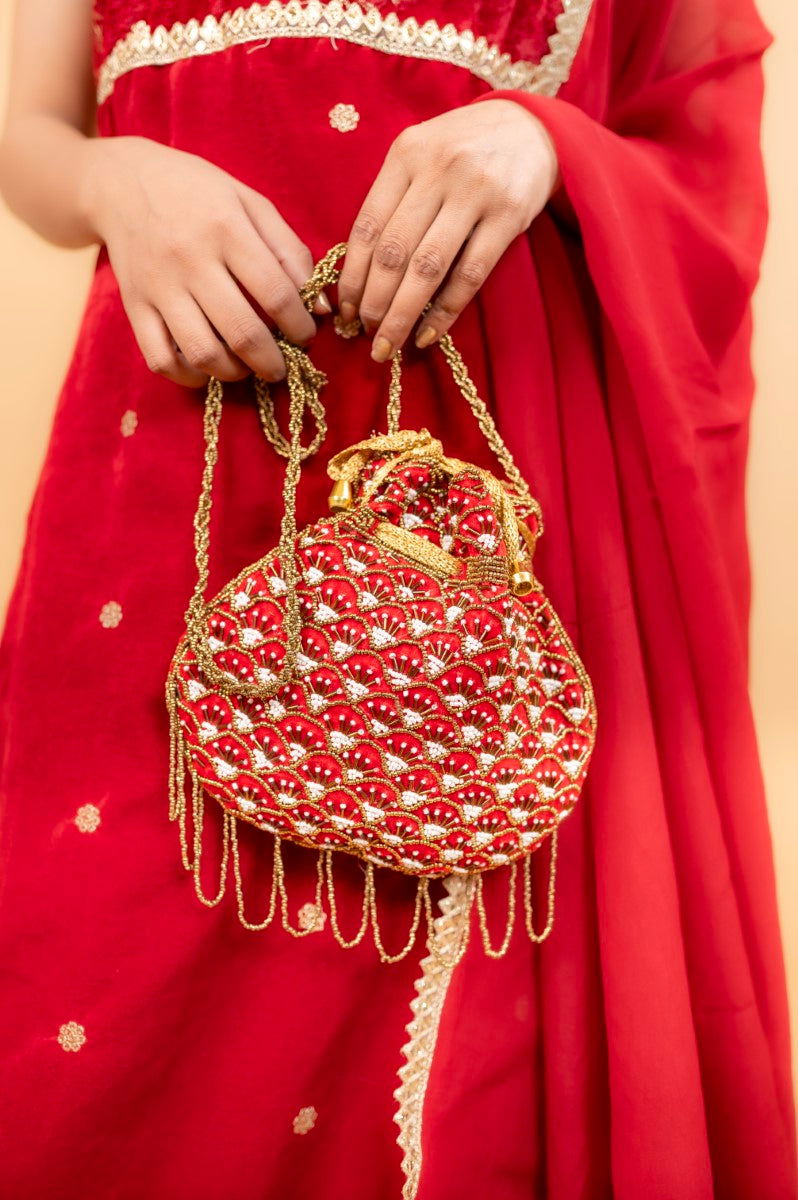 Beautiful Red Potli with Pipe and White Moti Sequin Design - Mayrake.in