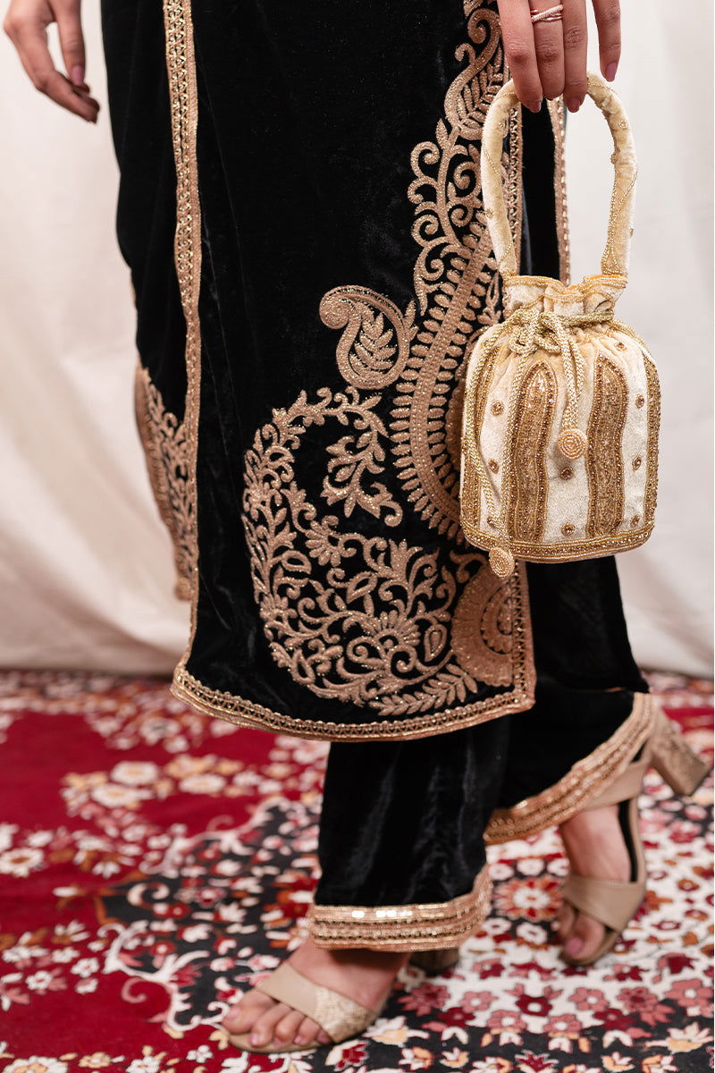 Beige Color Hanging Potli with Golden Beads and Zari Designs with Velvet Base - Mayrake.in