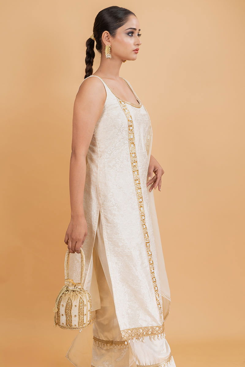 Beige Color Hanging Potli with Golden Beads and Zari Designs with Velvet Base - Mayrake.in