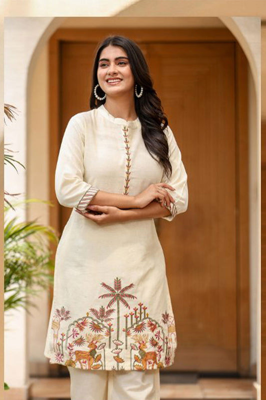 Beige Cotton Cord Set with Colorful Traditional Motif Embroidery - Mayrake.in