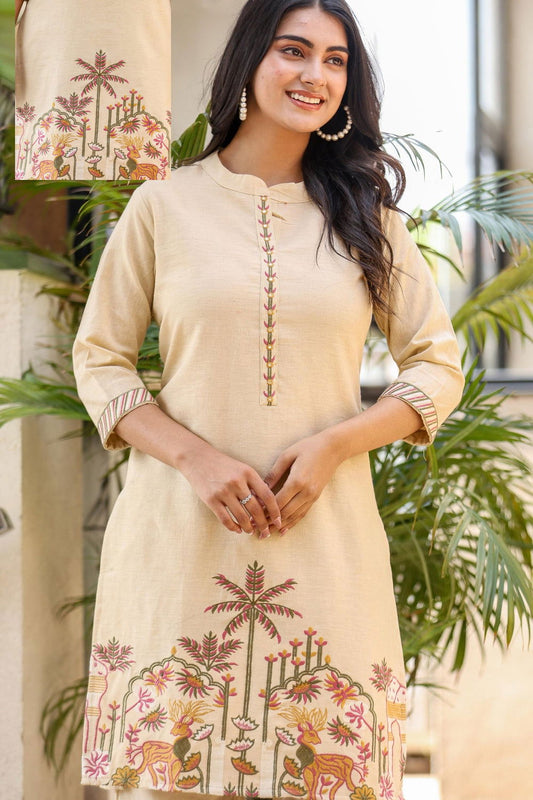Beige Cotton Cord Set with Colorful Traditional Motif Embroidery - Mayrake.in