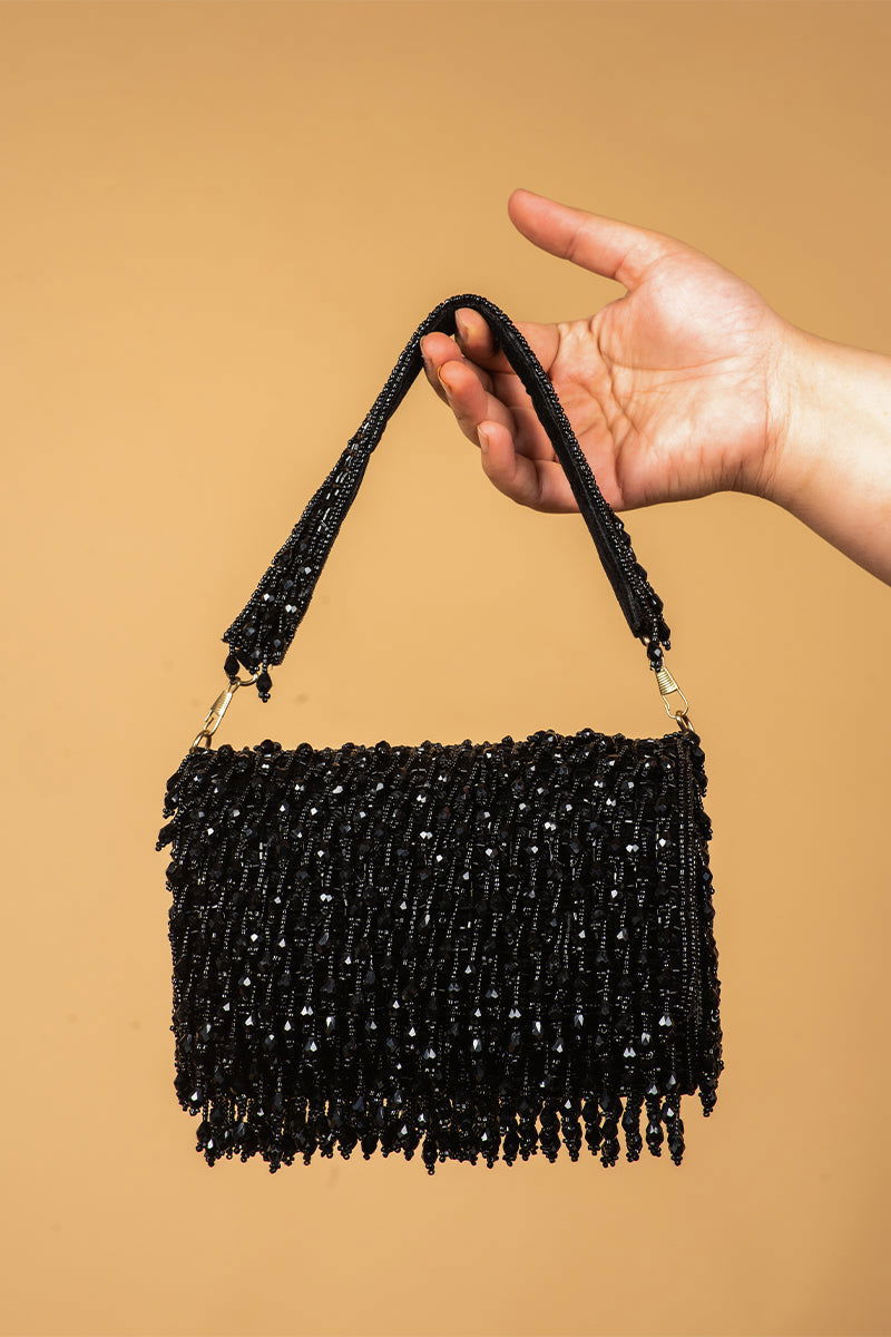 Black Clutch with Tassels and Beads - Mayrake.in