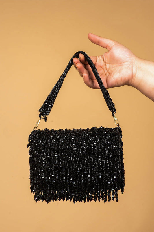Black Clutch with Tassels and Beads - Mayrake.in