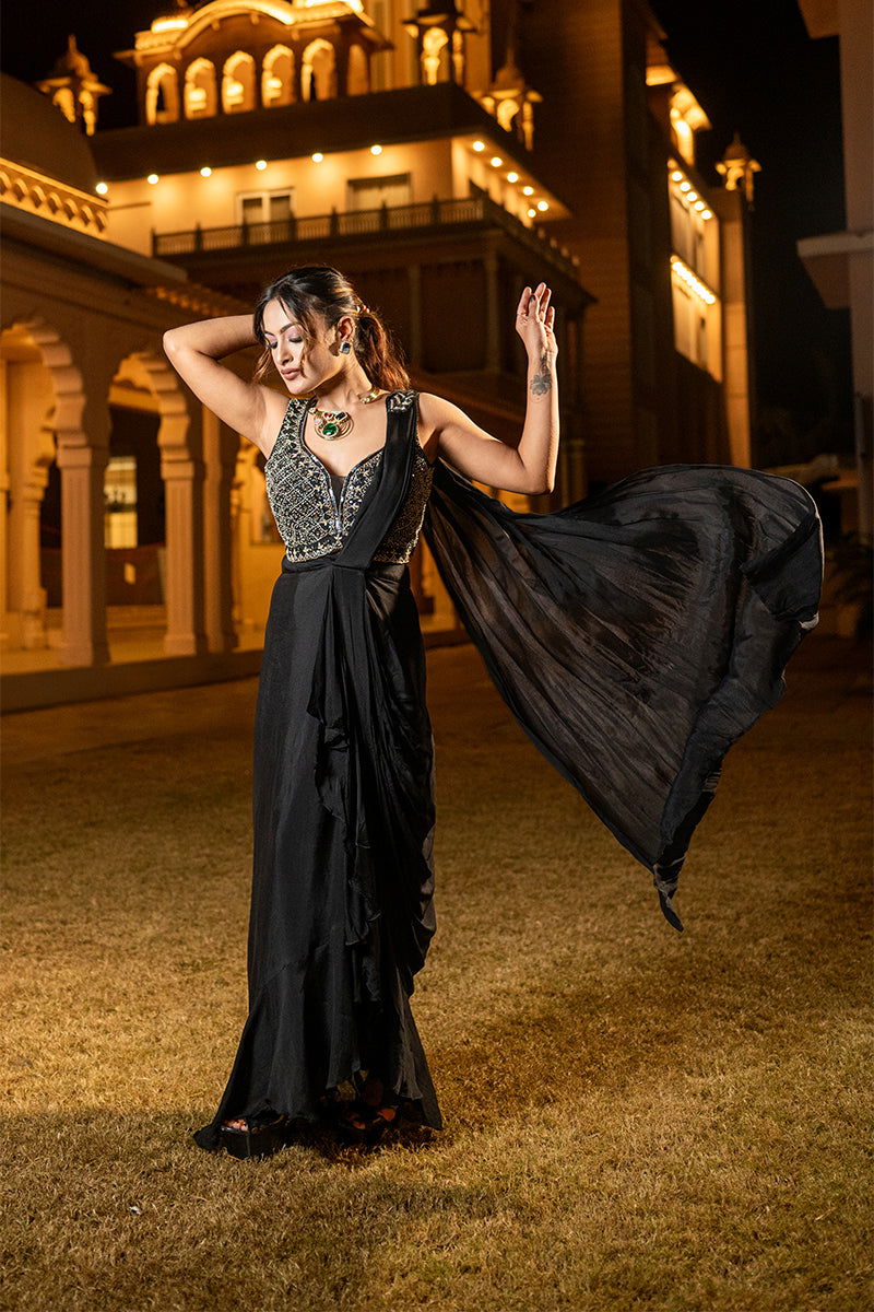Black Crepe Chiffon Ready-to-Wear Saree with Embroidered Blouse - Mayrake.in