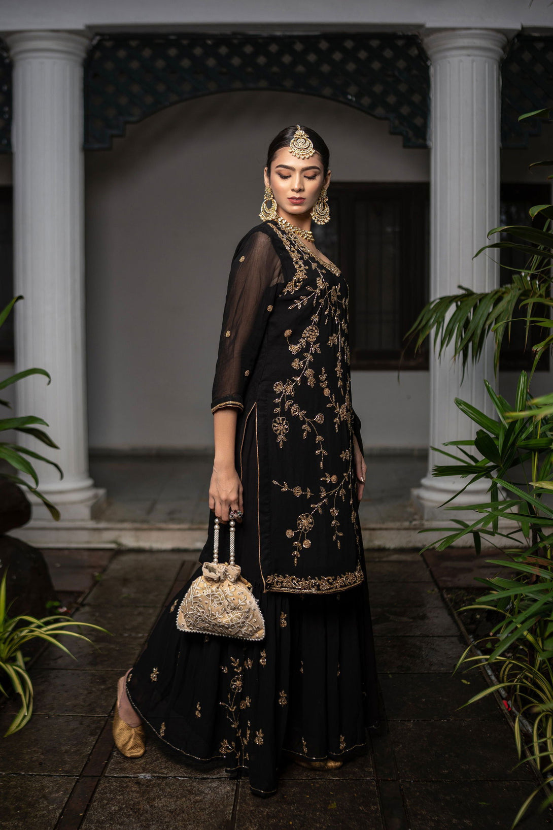 Black Georgette Handwork Zardozi Suit with Garara Set - Mayrake.in