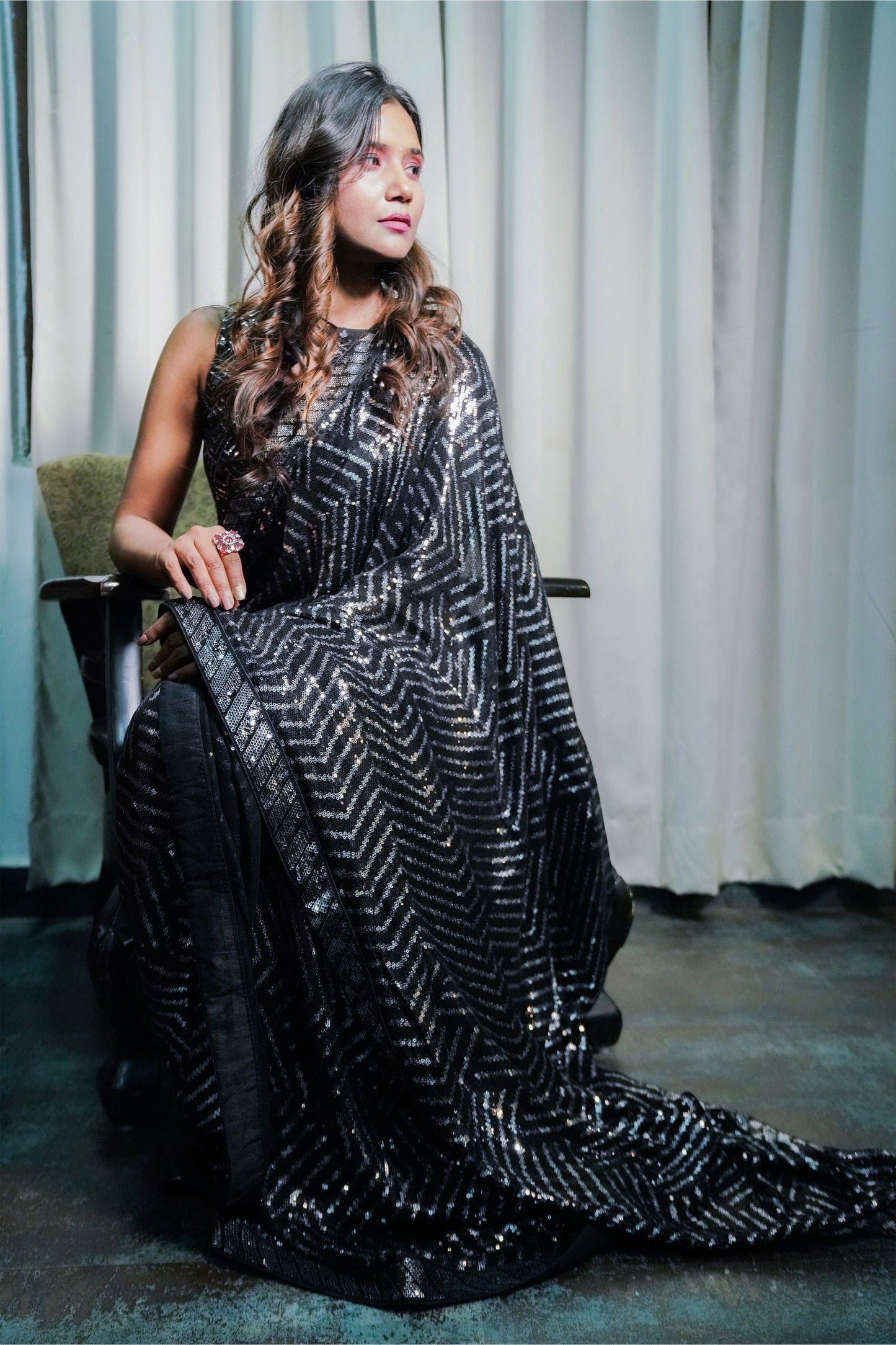 Black Georgette Saree with Sequined Work - Mayrake.in