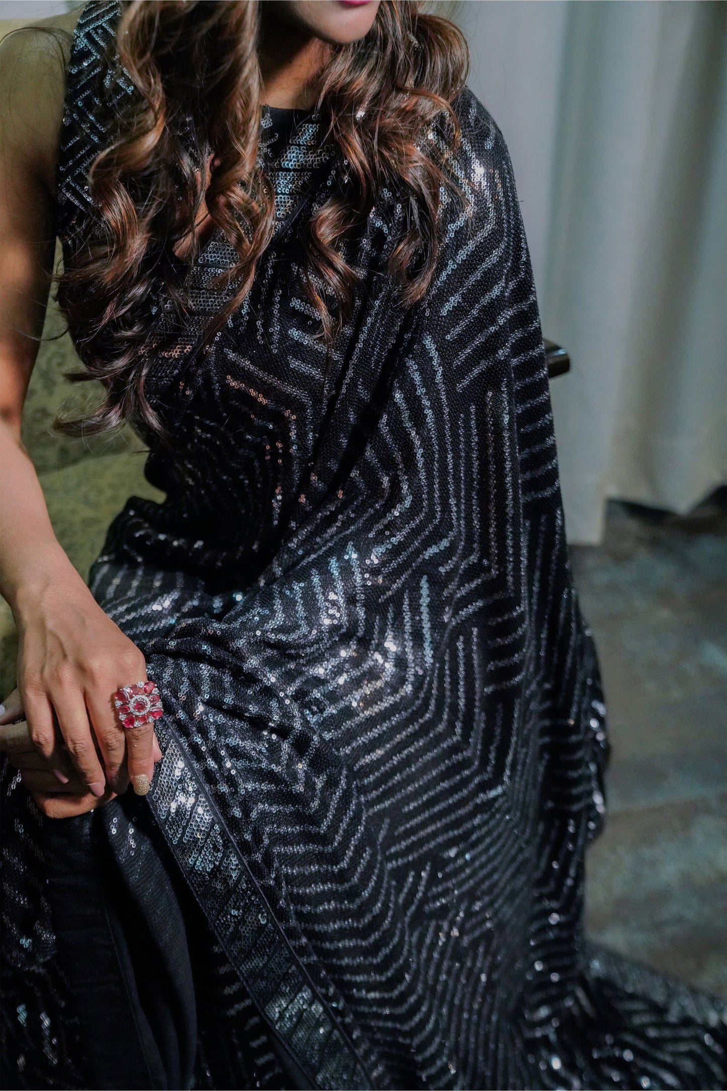 Black Georgette Saree with Sequined Work - Mayrake.in