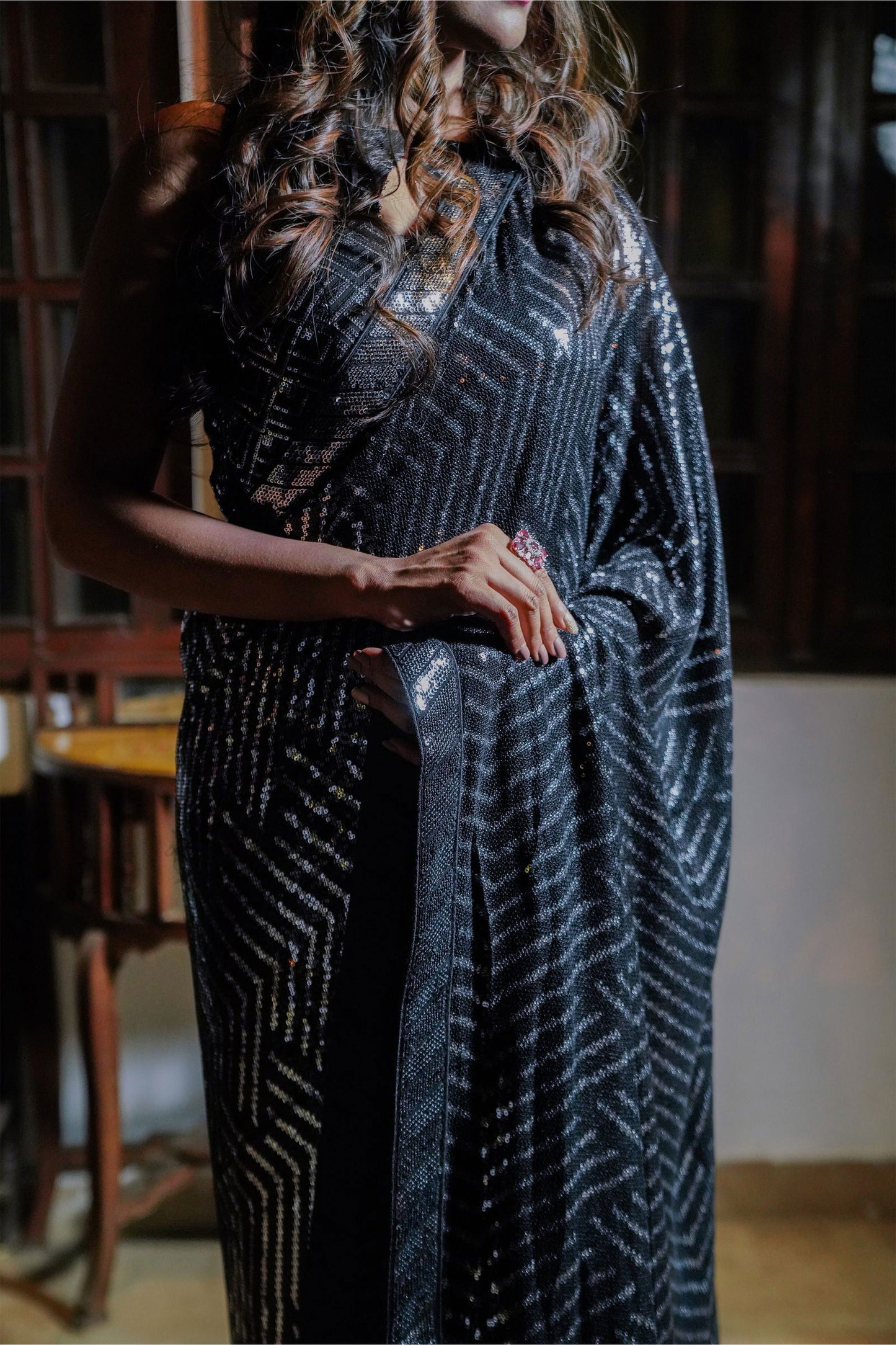 Black Georgette Saree with Sequined Work - Mayrake.in