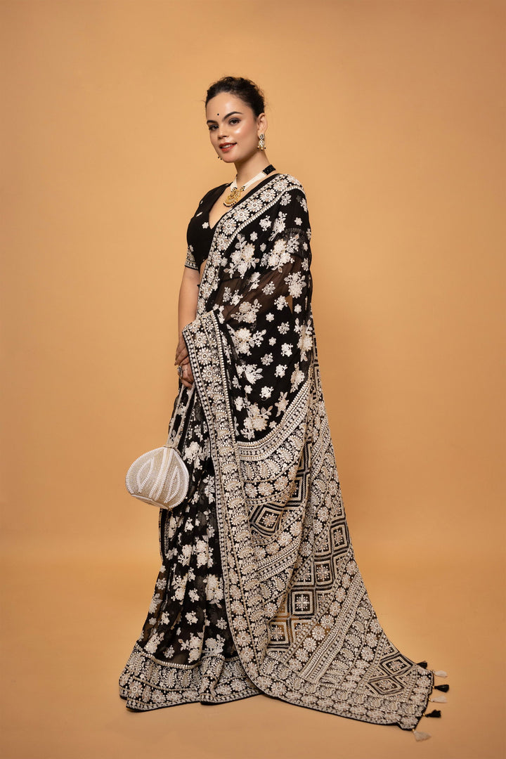 Black Lucknowi Georgette Saree with Embroidery - Mayrake