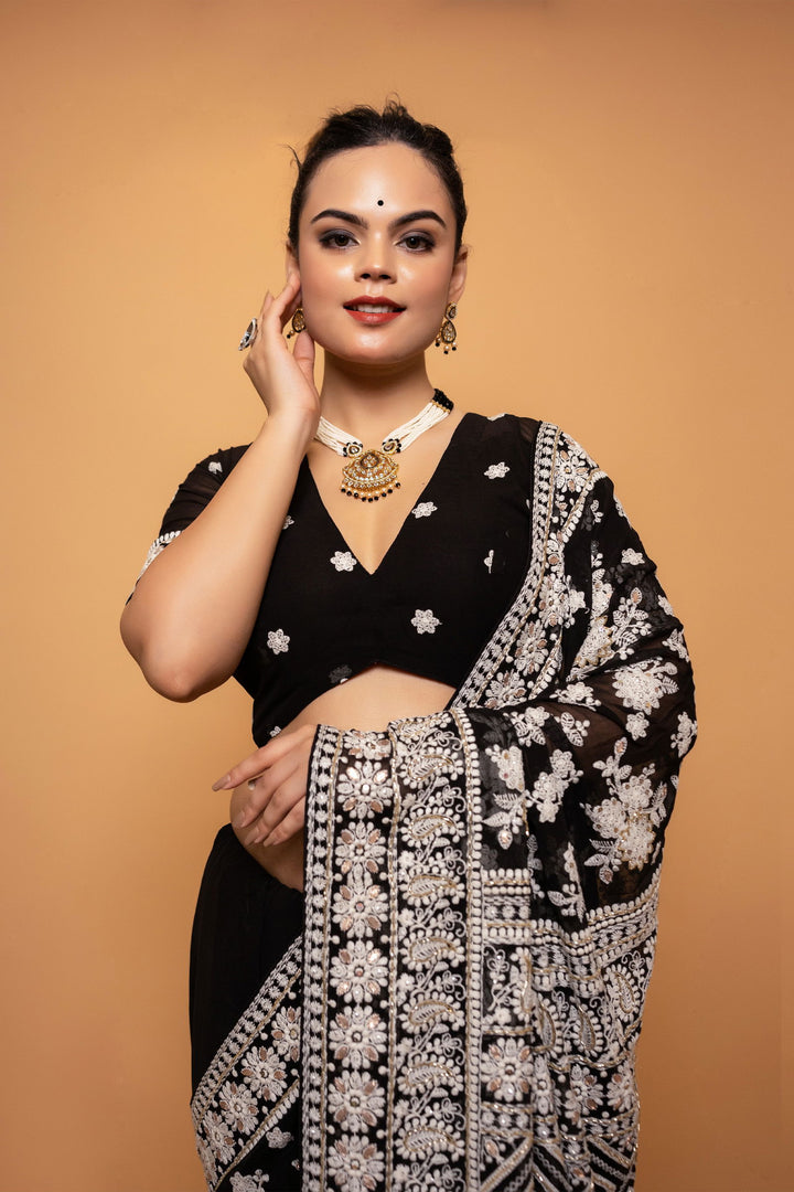 Black Lucknowi Georgette Saree with Embroidery - Mayrake