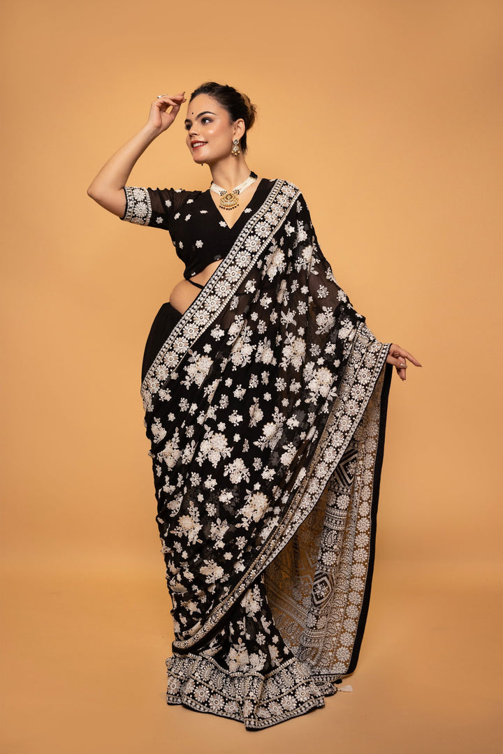 Black Lucknowi Georgette Saree with Embroidery - Mayrake