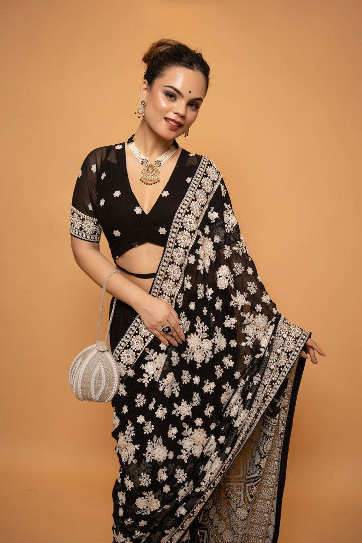 Black Lucknowi Georgette Saree with Embroidery - Mayrake