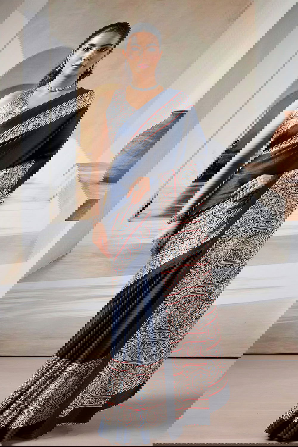 Black Pure Satin Modal Silk Saree with Ajrakh Print - Mayrake.in