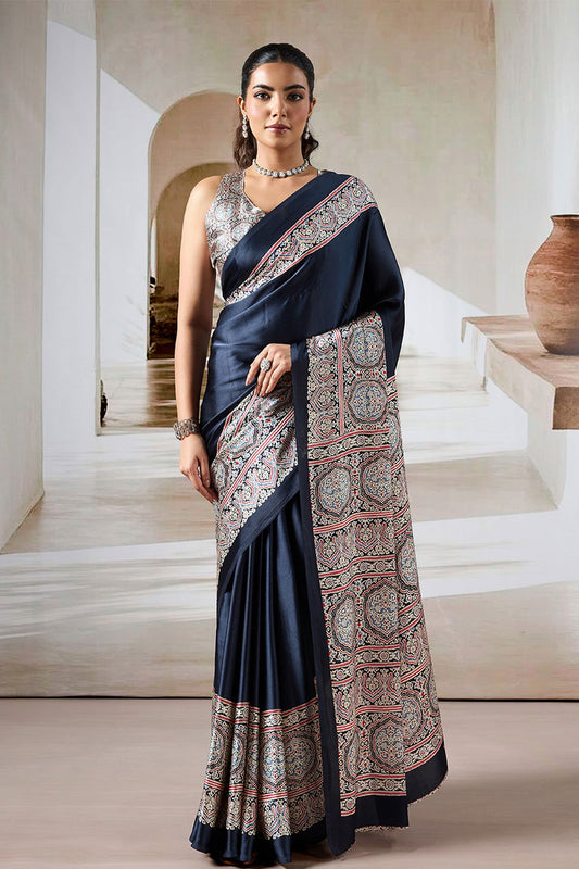 Black Pure Satin Modal Silk Saree with Ajrakh Print - Mayrake.in