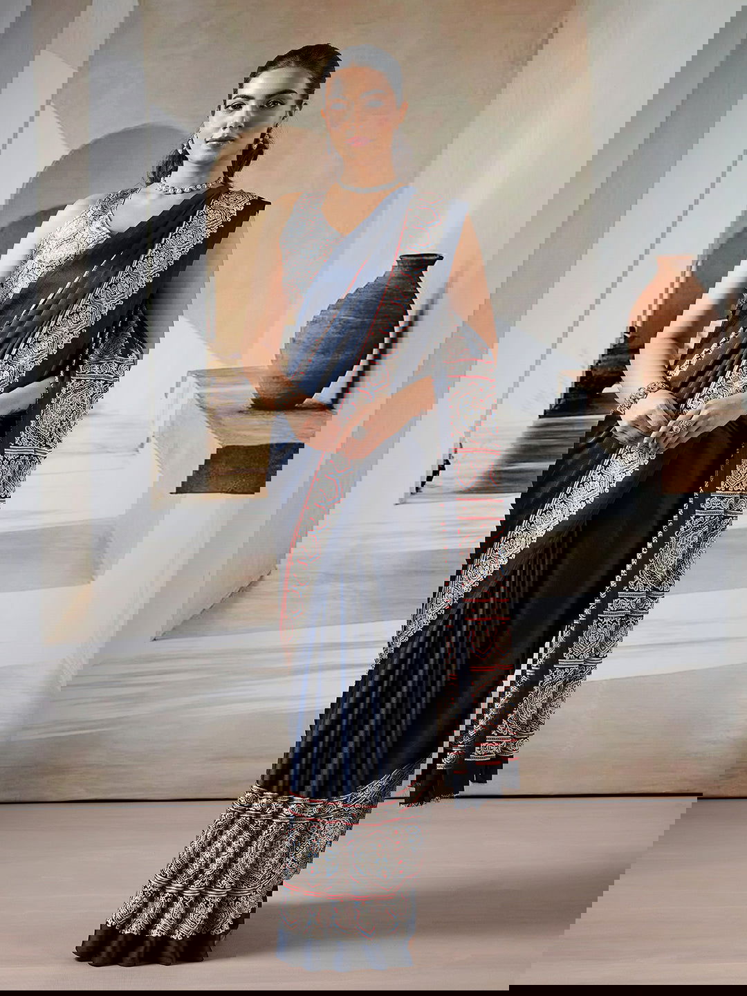 Black Pure Satin Modal Silk Saree with Ajrakh Print - Mayrake.in