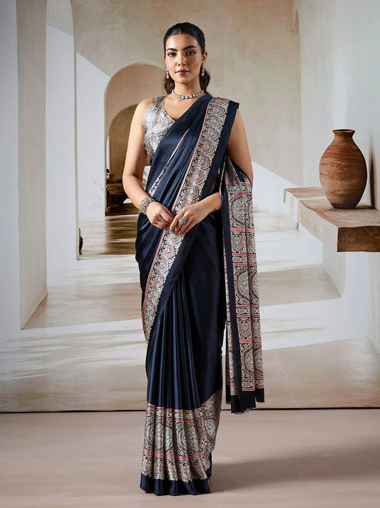 Black Pure Satin Modal Silk Saree with Ajrakh Print - Mayrake.in