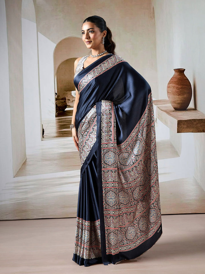 Black Pure Satin Modal Silk Saree with Ajrakh Print - Mayrake.in
