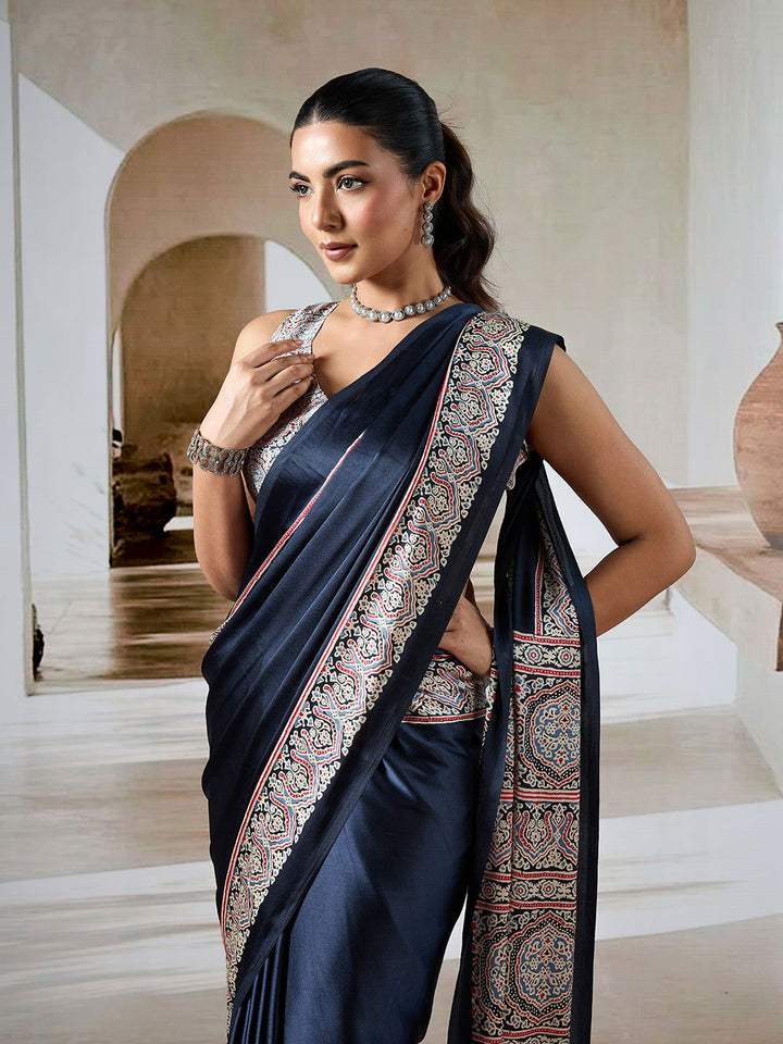 Black Pure Satin Modal Silk Saree with Ajrakh Print - Mayrake.in