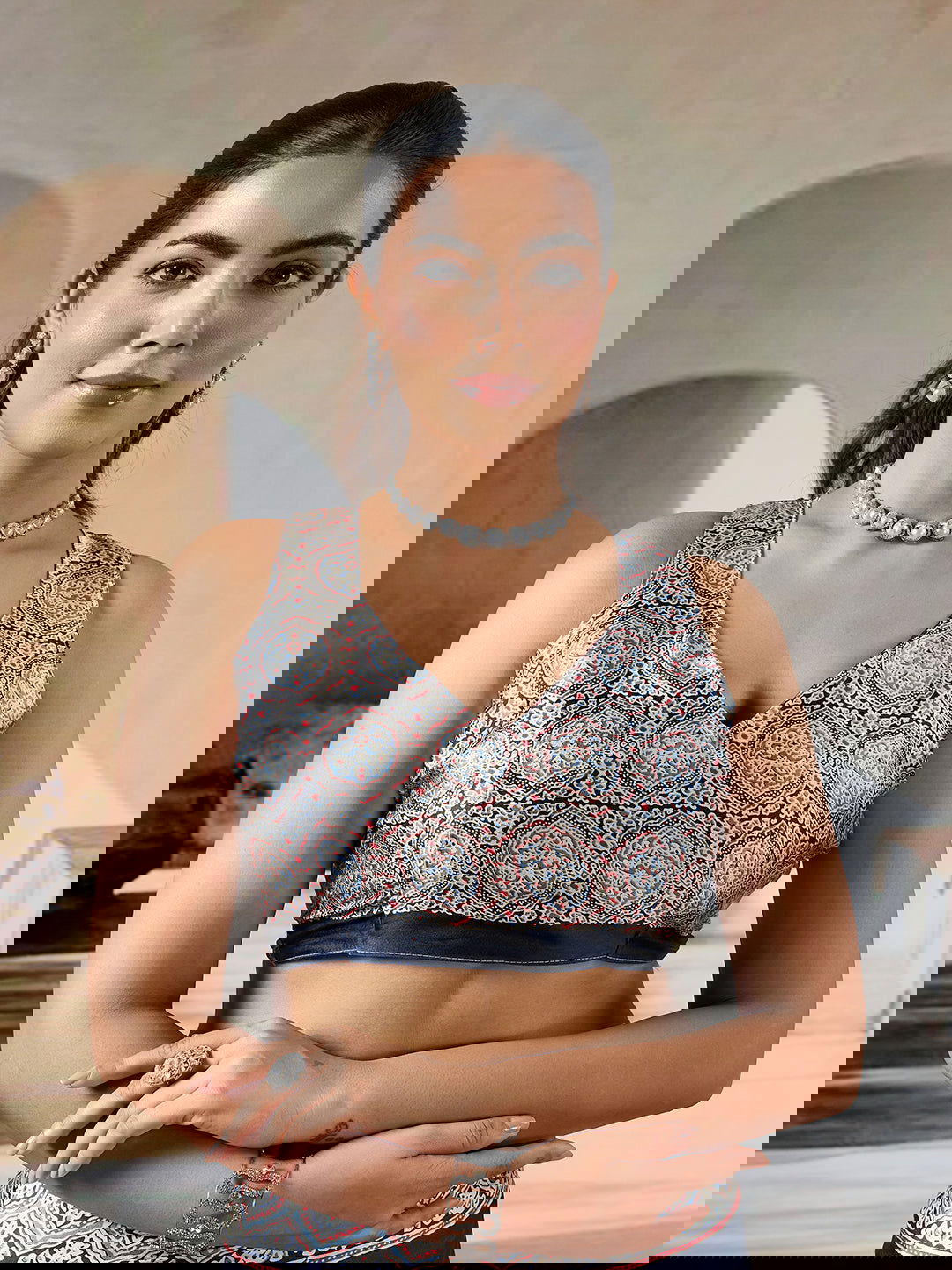 Black Pure Satin Modal Silk Saree with Ajrakh Print - Mayrake.in