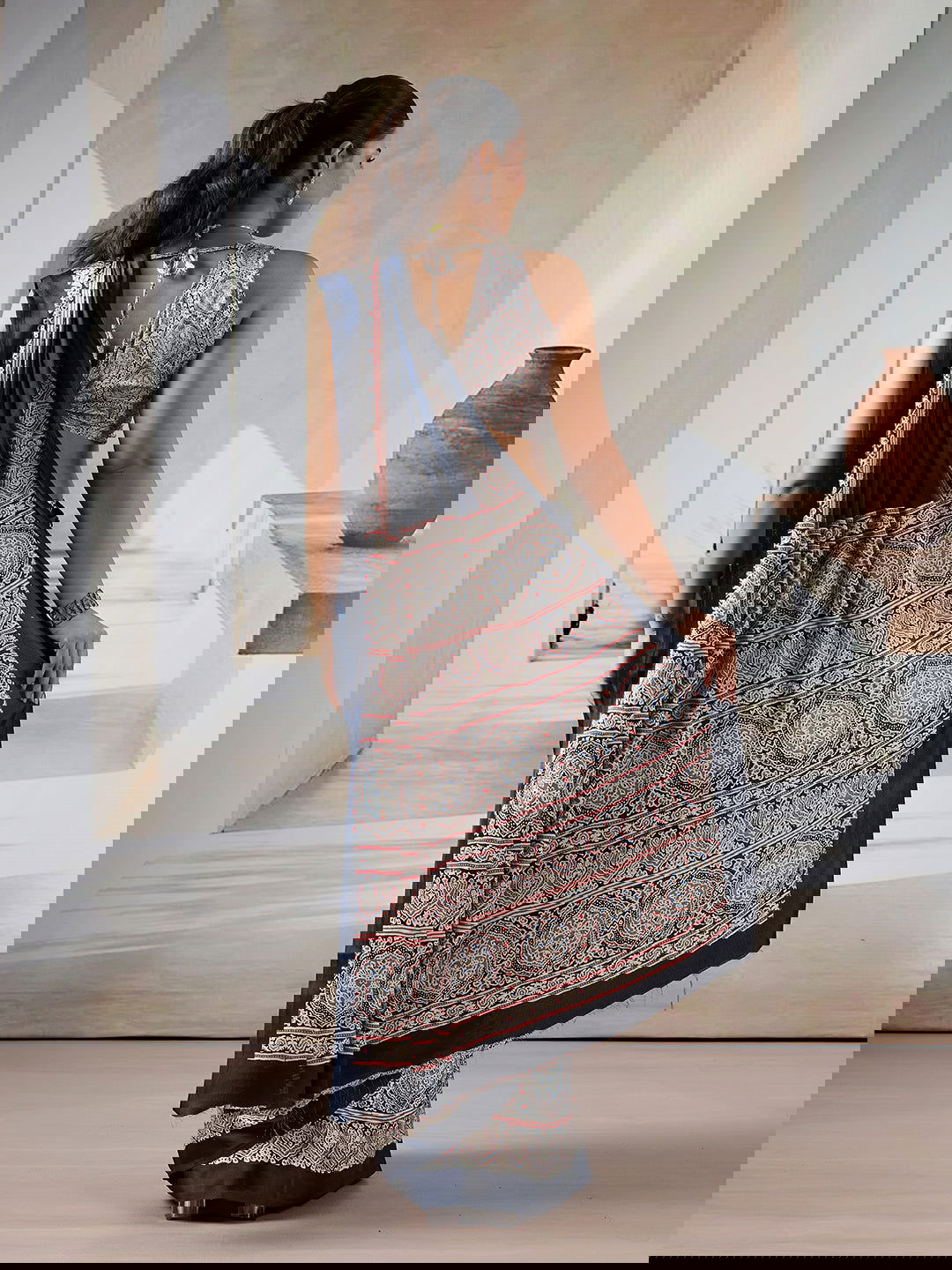 Black Pure Satin Modal Silk Saree with Ajrakh Print - Mayrake.in