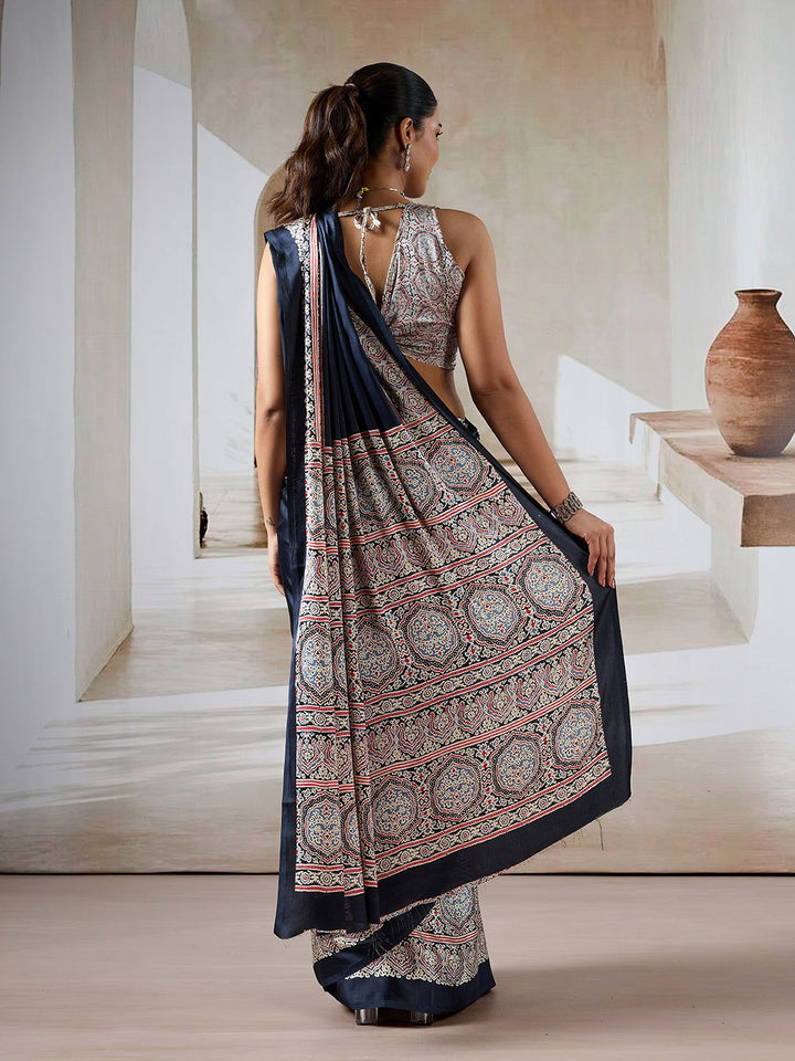 Black Pure Satin Modal Silk Saree with Ajrakh Print - Mayrake.in