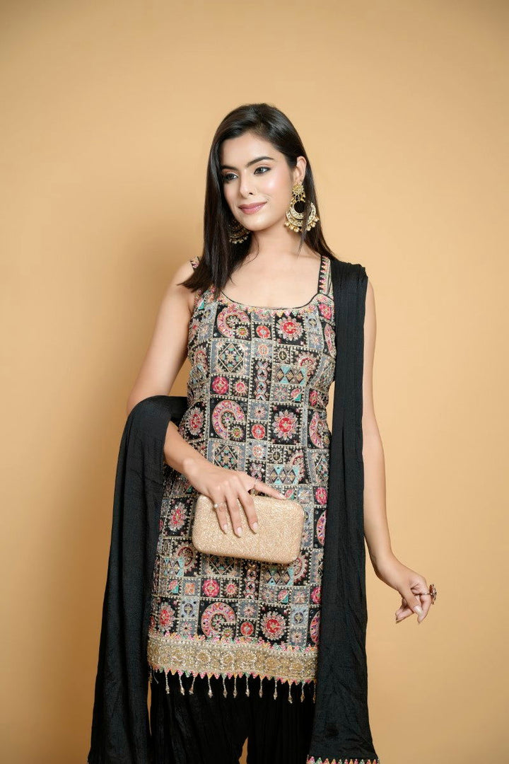 Black Suit with Mirror and Jarkan Work, Zari Detailing, and Semi-Patiala Chiffon Dupatta - Mayrake - 