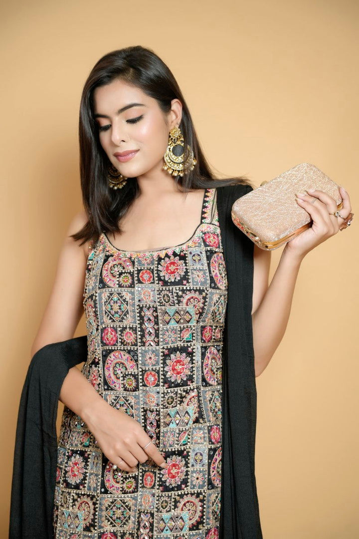 Black Suit with Mirror and Jarkan Work, Zari Detailing, and Semi-Patiala Chiffon Dupatta - Mayrake - 