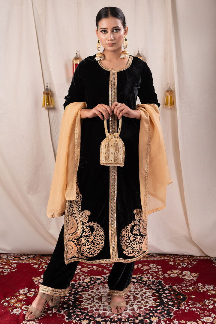 Black Velvet Long Embroidered Kurta Suit with Matching Wide Leg Pants and Dupatta - Mayrake - 