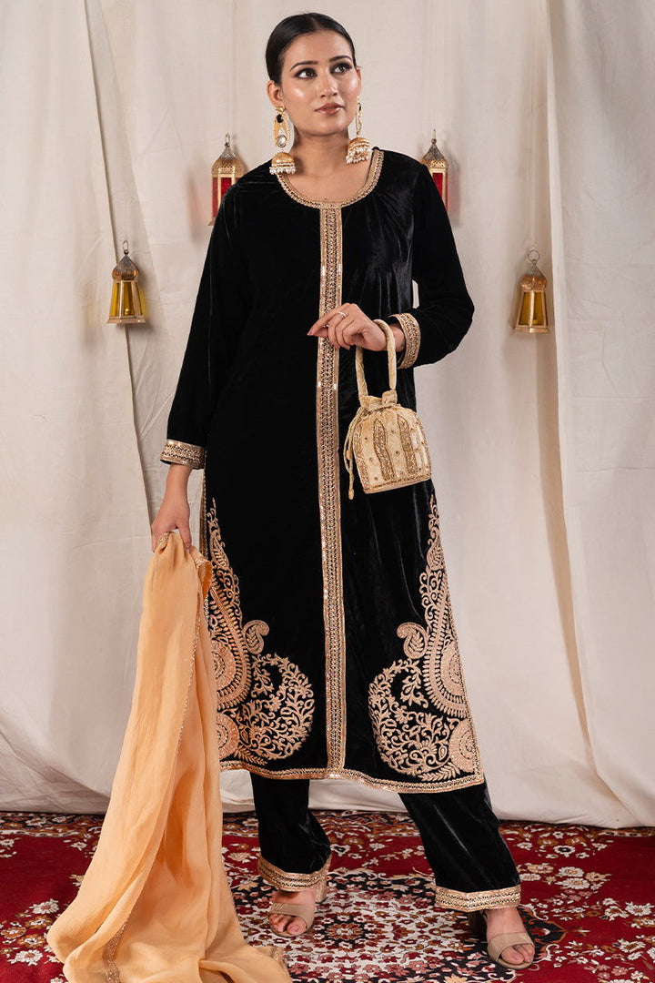 Black Velvet Long Embroidered Kurta Suit with Matching Wide Leg Pants and Dupatta - Mayrake - 